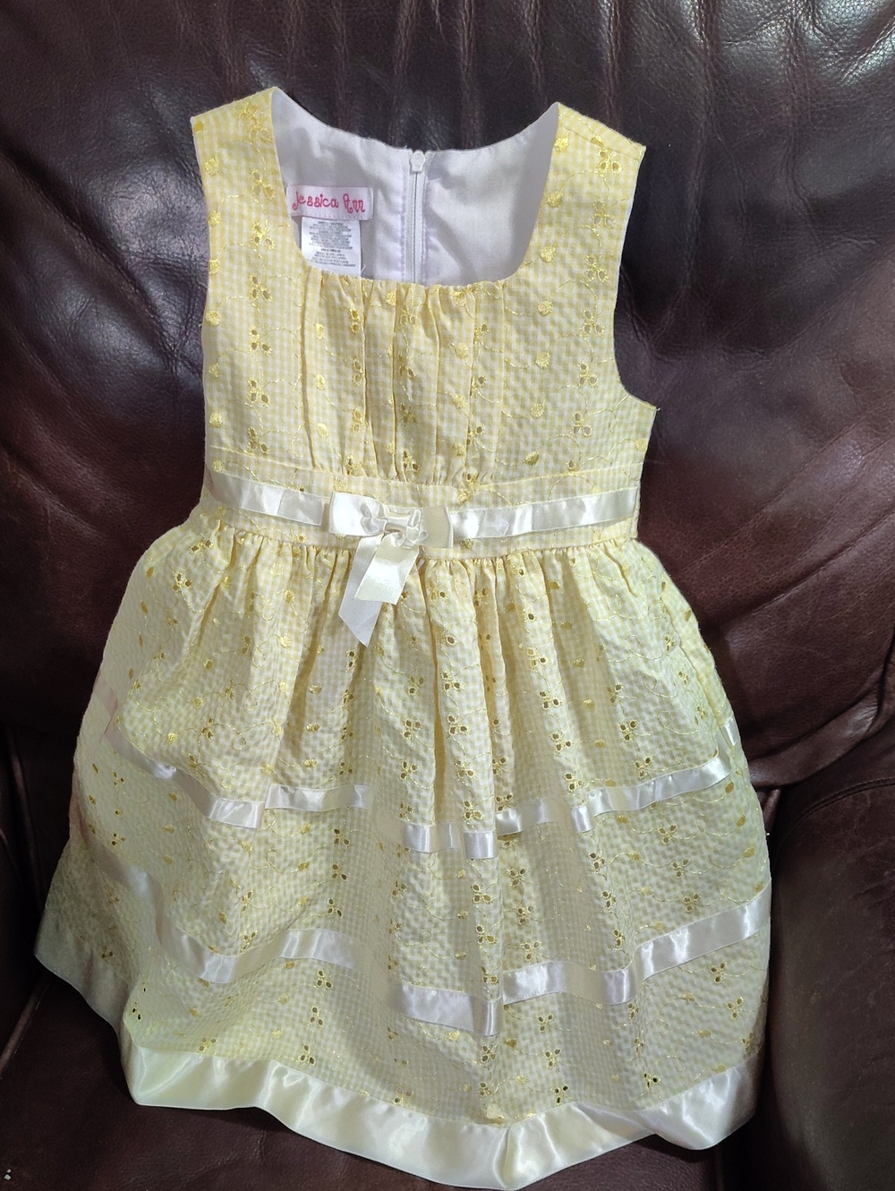 Jessica Ann Yellow Gingham Eyelet Dress with Embroidered Flowers 5t $65